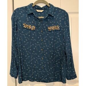 De'four‎ Womens Semi Sheer Button Up Rhinestone Top Size 10 Glam Old Money Luxe